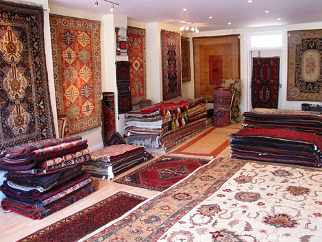 Shop interior with a wide selection of handknotted rugs